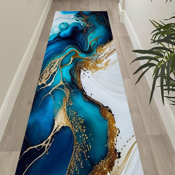 Blue Gold Marble Hallway Runner: Anti-Slip Cotton Woven Rug