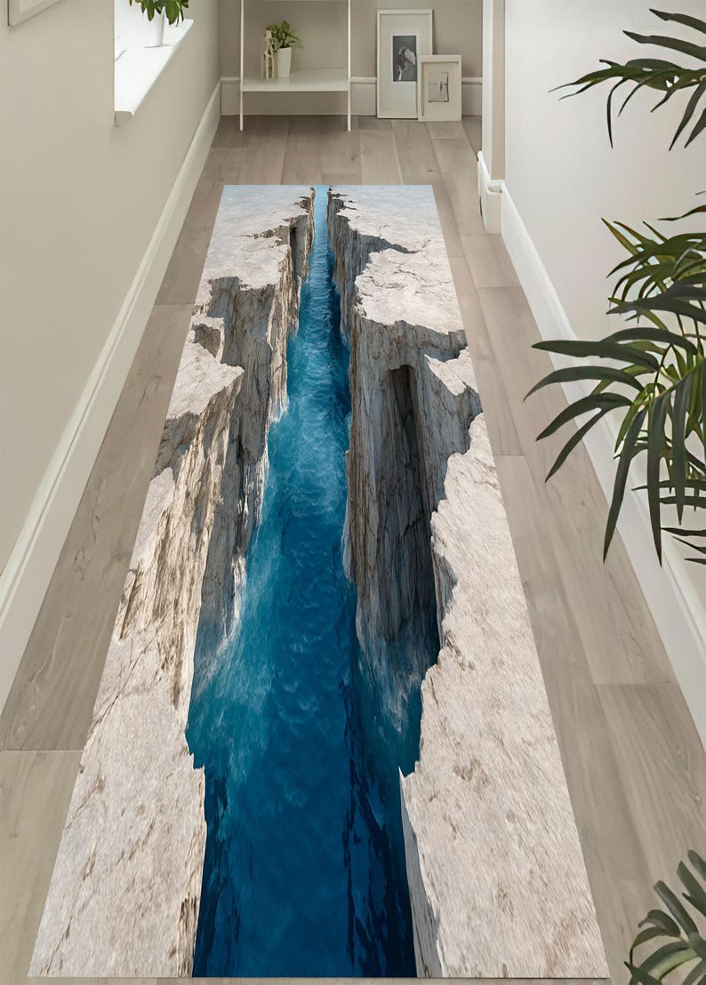 Canyon Rug 3D Canyon Rug: Blue Water Chasm Carpet, Realistic Stone Depth Design ...