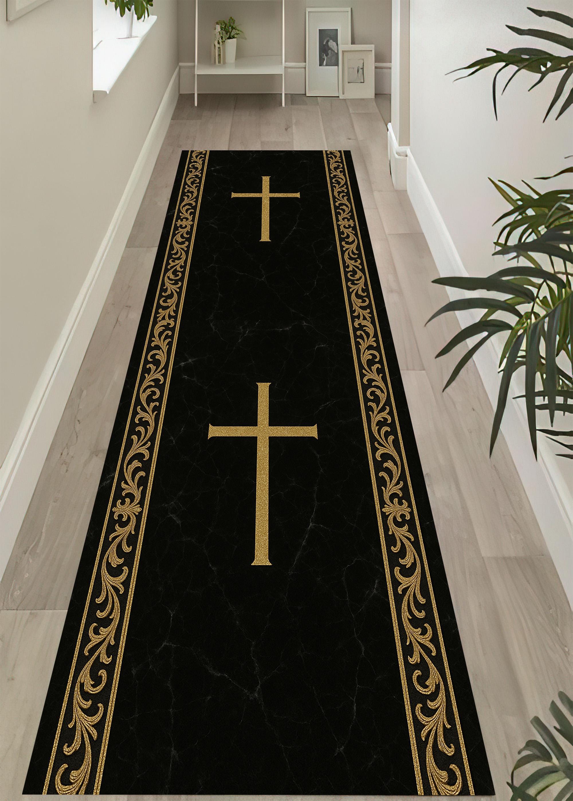 Gothic Church Rug Gothic Cross Rug: Black Gold Marble Carpet, Elegant Religious Runner ...