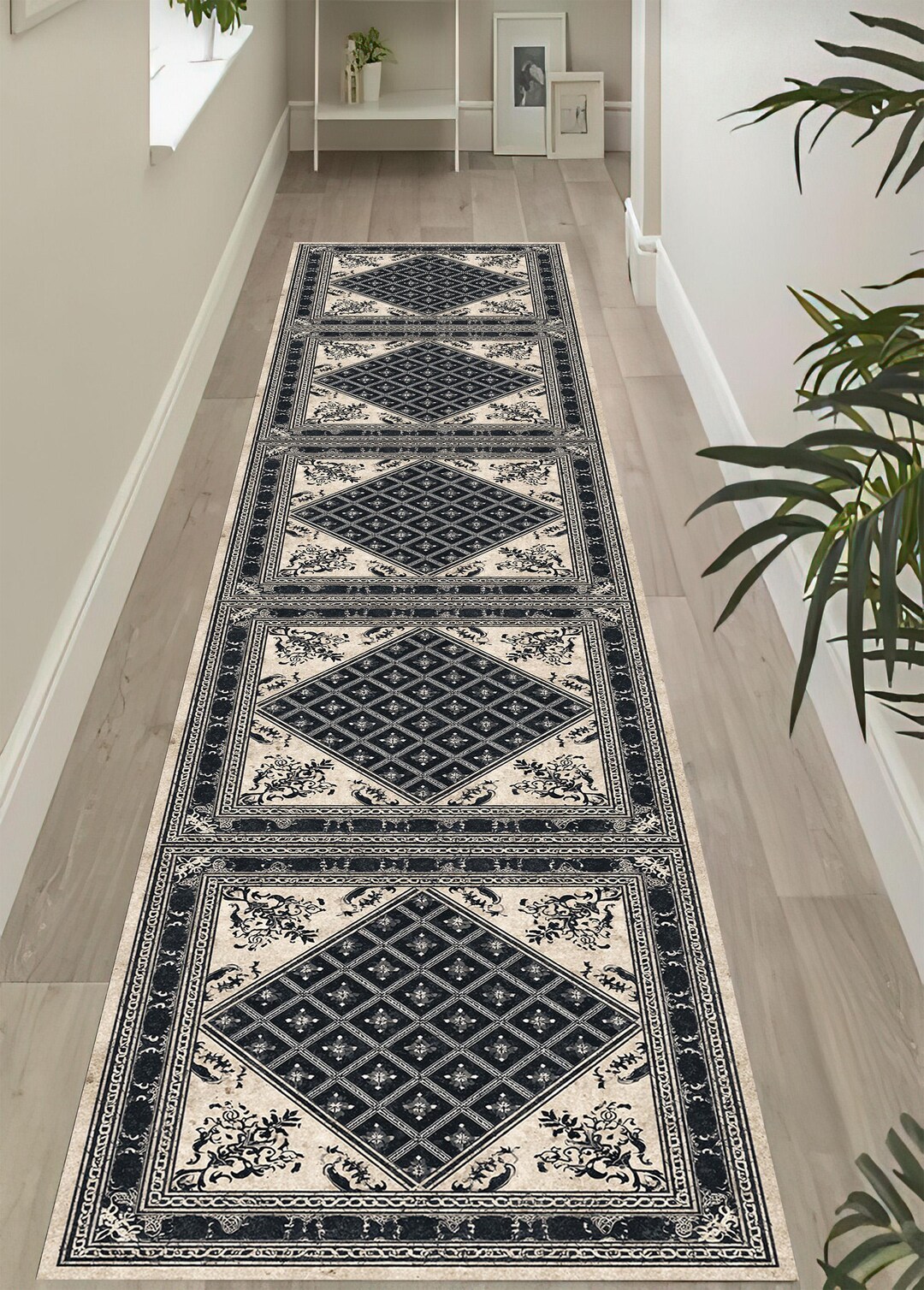 Diamond Runner Rug Monochrome Diamond Runner Rug: Black White Geometric Carpet, Vintage ...