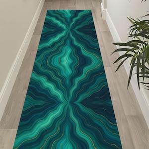 Abstract Waves Rug: Teal Blue Gold Flowing Lines Carpet, Modern Artistic Pattern, Elegant Home-Decor