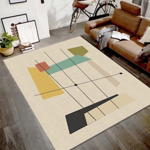 Mid Century Modern Rug: Geometric Minimalist Design, Anti-Slip Cotton Woven Base