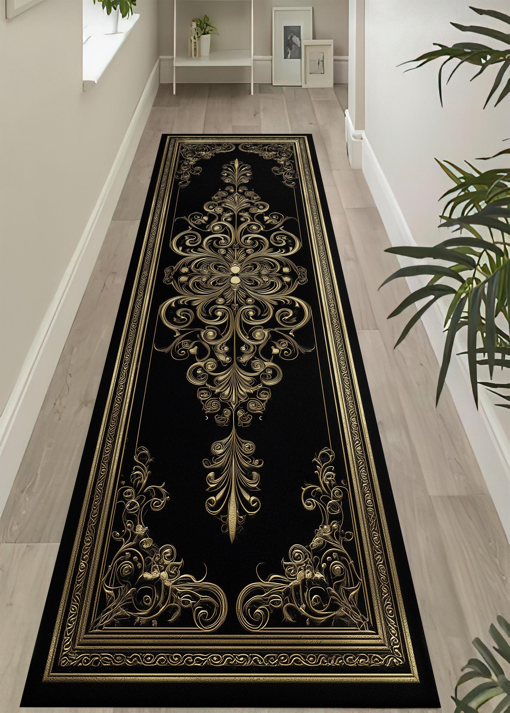 Baroque Gold Runner Rug: Elegant Black Carpet, Luxury Floral Pattern ...