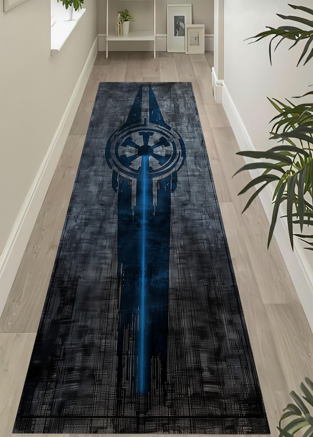Galactic Empire Runner Rug: Blue Neon Symbol Carpet, Futuristic Sci-fi ...