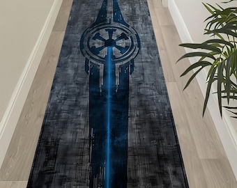Tappeto da corridoio Galactic Empire: tappeto con simboli al neon blu, design futuristico fantascientifico, arredamento moderno per l'ingresso