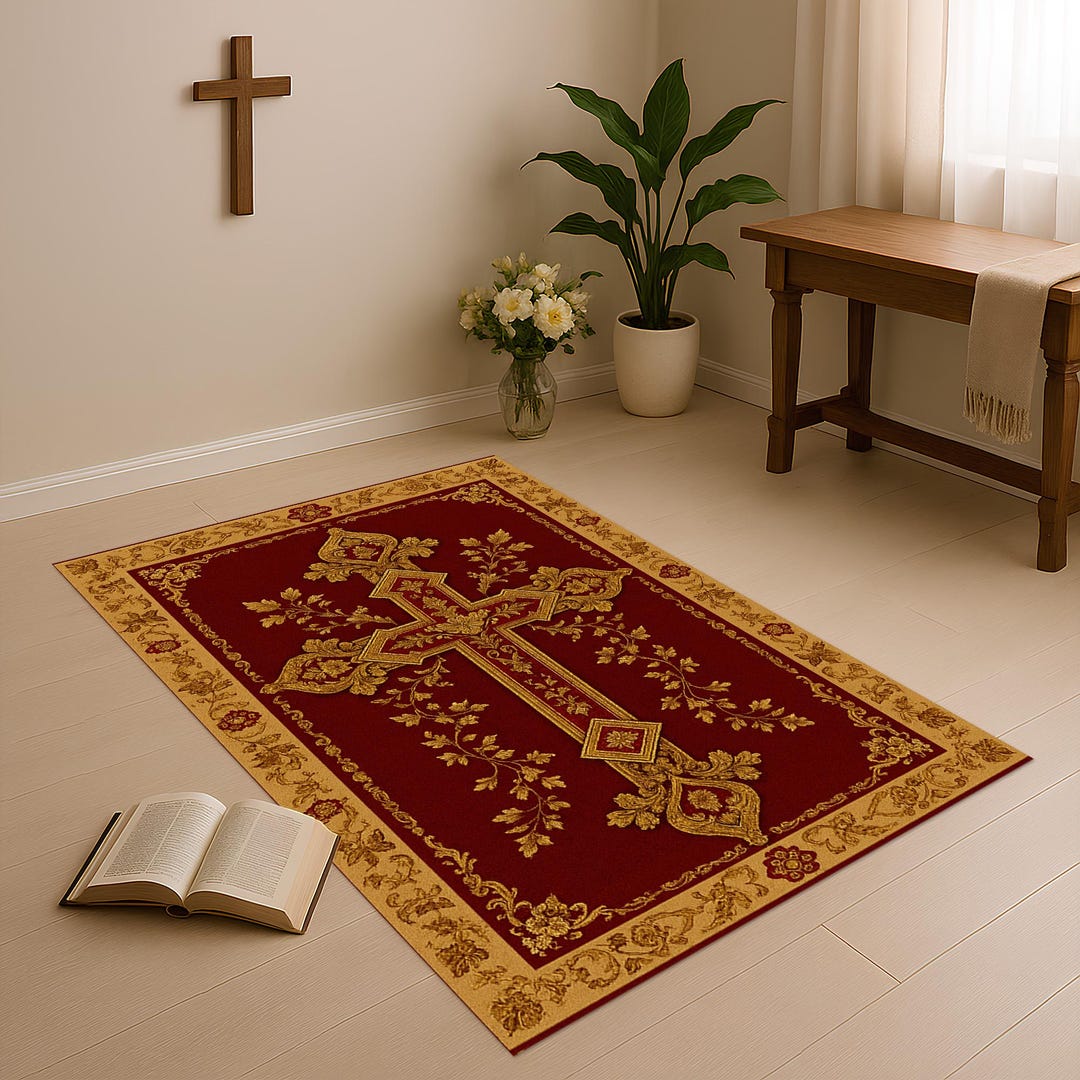 Christian Cross Rug: Burgundy Gold Carpet, Elegant Floral Border Design ...