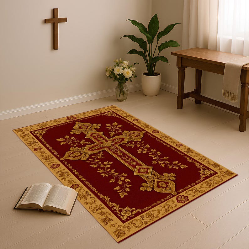 Rob Rests On The Red Rug Christian Cross Rug: Burgundy Gold Carpet, Elegant Floral Border Design ...