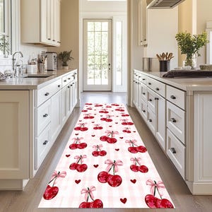Tappeto passatoia a quadretti Cherry Gingham: cuori rosa, tappeto da cucina in stile rustico