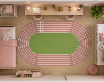 Alfombra ovalada para pista de atletismo: Alfombra deportiva rosa y verde para sala de juegos infantiles.
