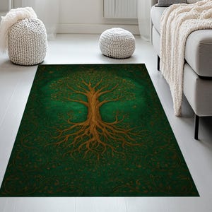 Tree of Life Rug: Green & Gold Nature-Inspired Floor Art