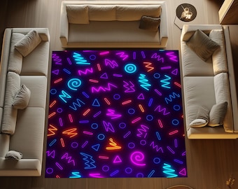 Neon Abstract Rug: Colorful Geometric Pattern, Glow Lines, Modern Acrylic Area Decor Living Room