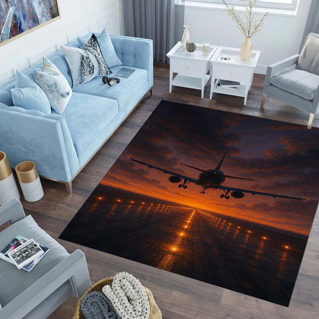 Flight Line Rug Airplane Sunset Rug: Runway Landing Carpet, Orange Sky Design, Travel ...