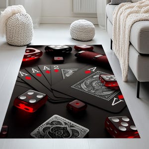 Casino-Themed Rug with Poker Card and Dice,Poker Cards Living Room Rug,Poker Cards Recreational Decor Rug,Poker Card Recreational Decor Rug