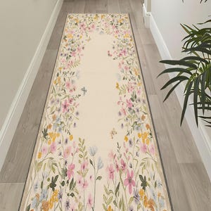 Boho Floral Runner Rug: Washable Cotton-Blend Botanical Carpet