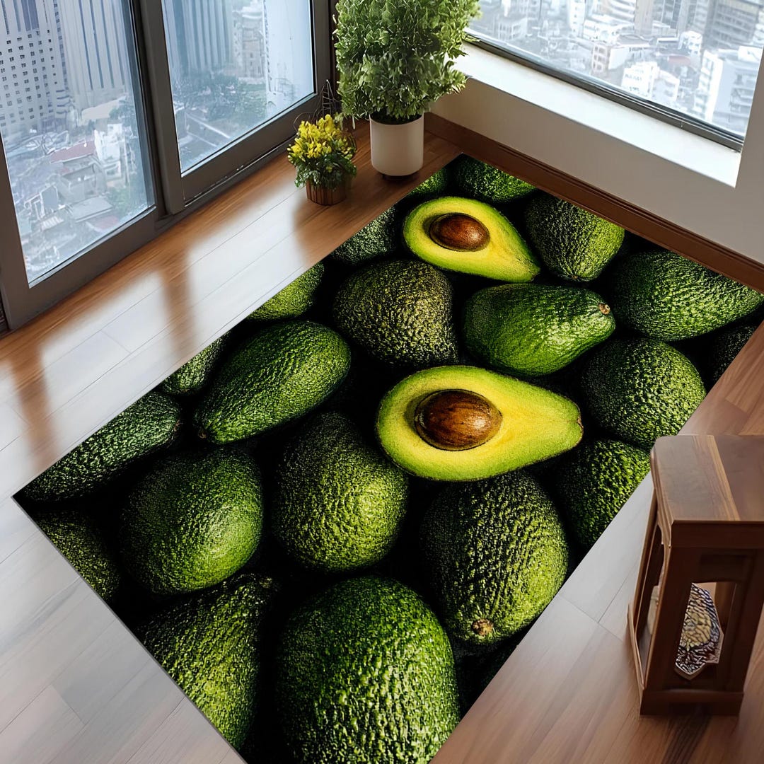 Avocado Rug: Green Fruit Pattern Carpet, Black Background Design ...