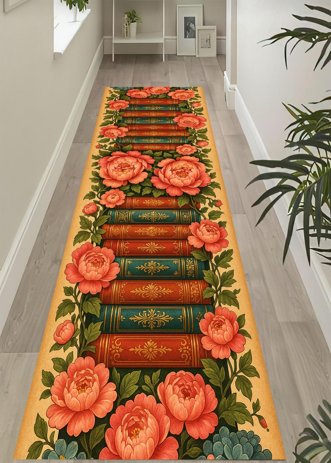 National Library Rug Floral Bookshelf Rug: Elegant Library Decor, Red Teal Book Spine - Etsy