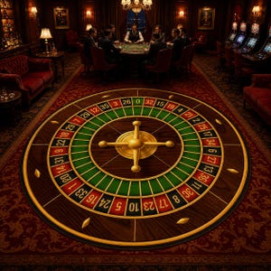 Op de afbeelding: Een groot rond roulette-wiel tapijt met een houtnerf middenstuk, een goudkleurige centrale spinner en een buitenste ring van rode, zwarte en groene genummerde vakjes. Het ontwerp bevat witte cijfers van nul tot zesendertig op een donkere achtergrond.
