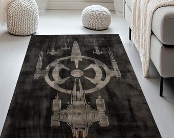 Galactic Fleet Rug: Black Silver Spaceship Carpet, Futuristic Sci-Fi Design, Modern Gamer Home-Decor