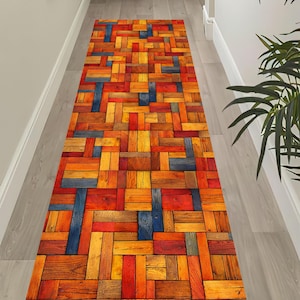 May include: A rectangular hallway runner rug with a wood-look design. The rug features a pattern of rectangular blocks in shades of red, orange, yellow, and blue. The rug is designed to resemble a parquet floor.