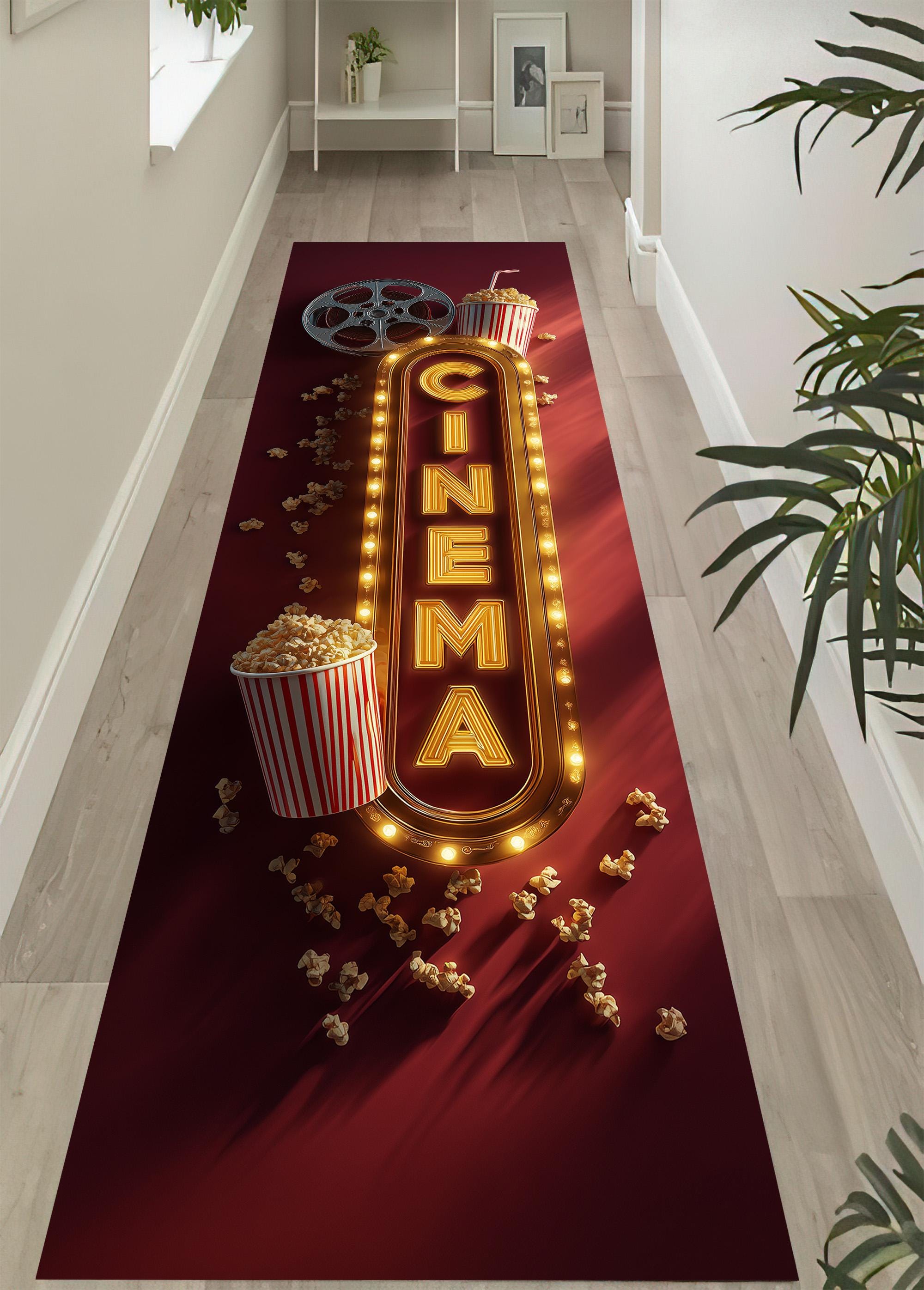 First Popcorn Machine Rug Cinema Popcorn Runner Rug: Retro Movie Theater Carpet, Neon Sign ...