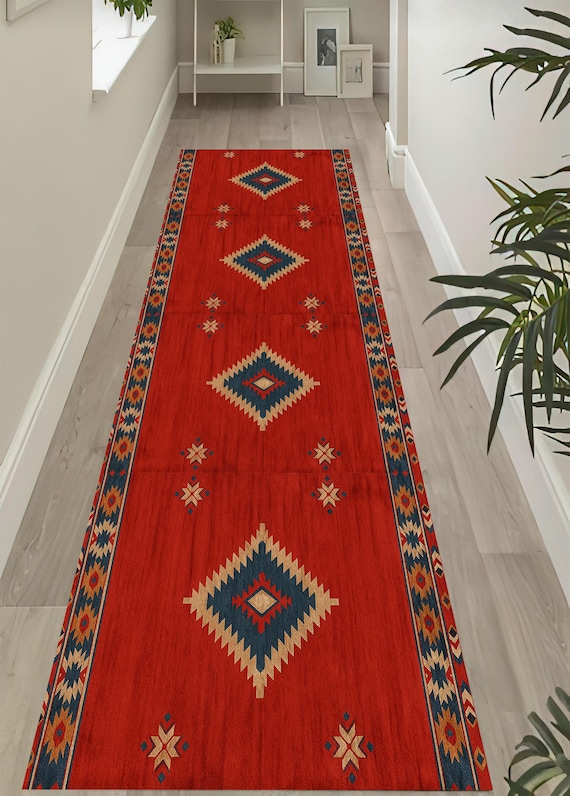 Southwestern Runner Rug: Red Geometric Tribal Hallway Carpet  Southwestern Red and Black Geometric Wool Rug Runner main image 0