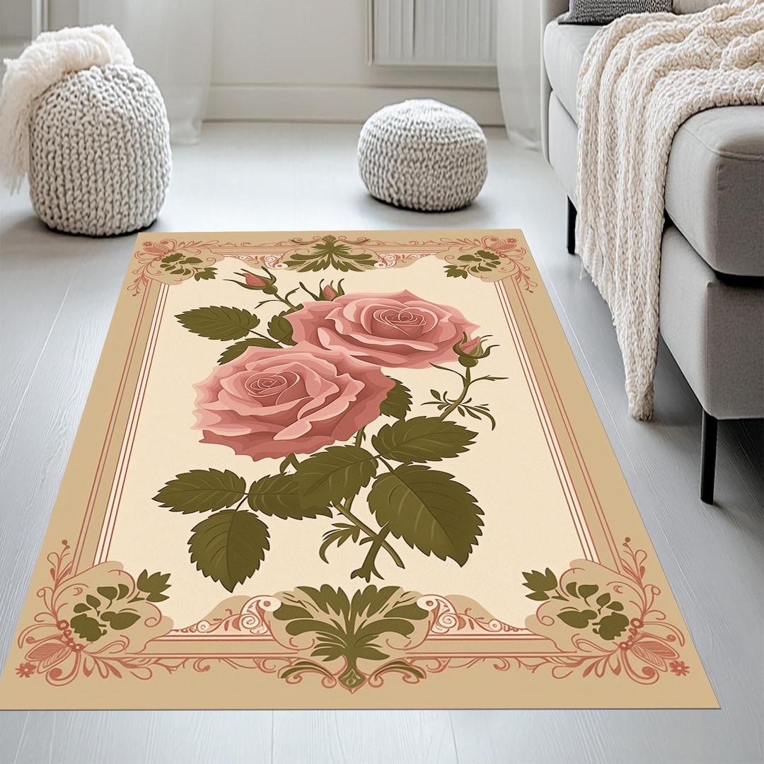 Washable Pink Rose Rug: 3D Floral Design, Cotton Woven Base - Etsy