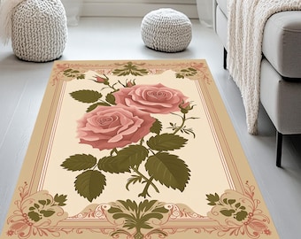 Woven Rug Pattern Roses Pink Roses Runner Rug: Vintage Design Rose Art, Velvet Low Pile, Non ...