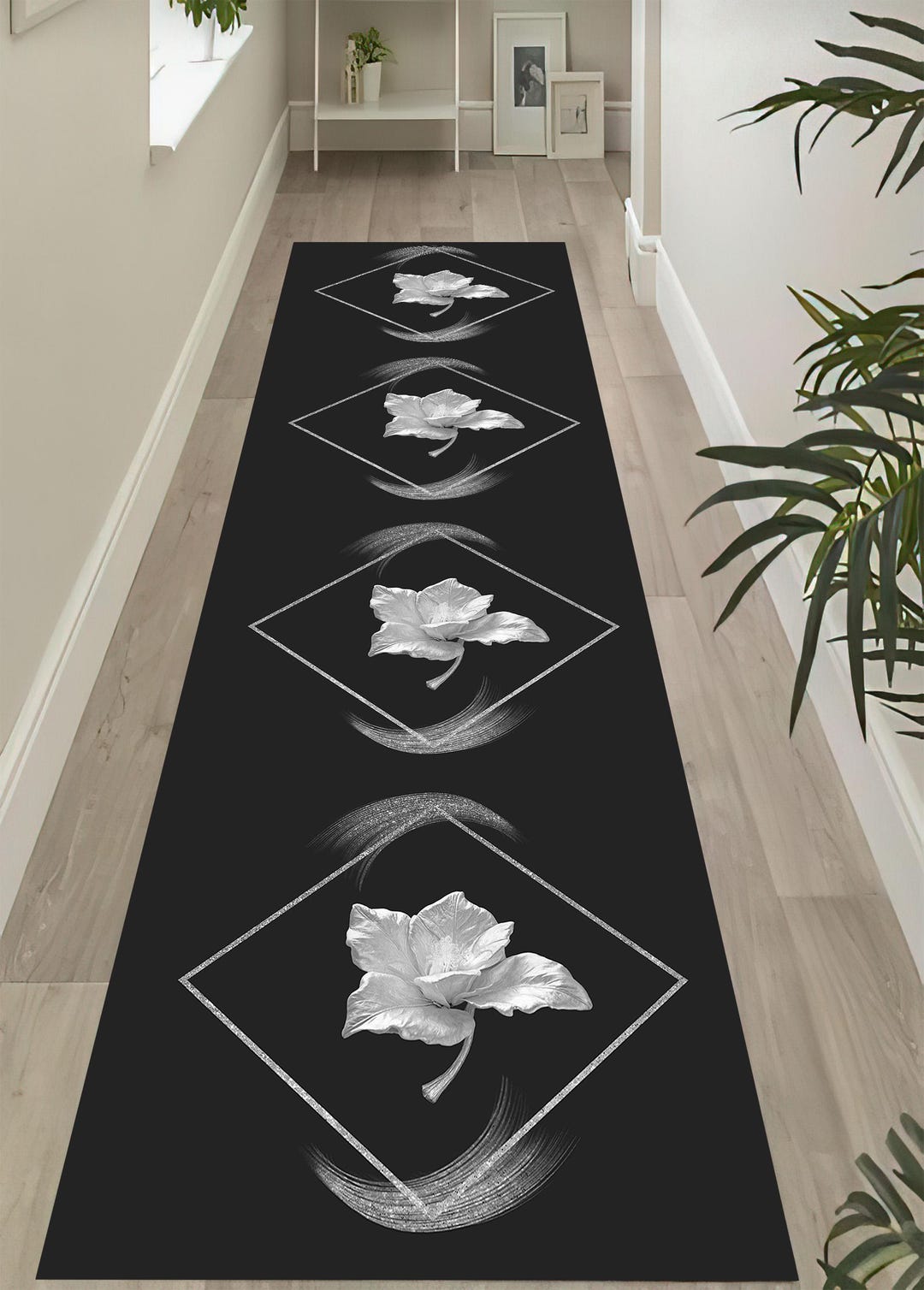 Silver Runner Rug Silver Floral Runner Rug: Black Anti-slip Hallway Entry Rug - Etsy
