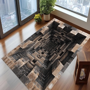 Può includere: Tappeto rettangolare con un design a illusione ottica 3D. Il tappeto presenta un motivo geometrico scuro che ricorda un pozzo profondo o un'antica struttura, con sfumature di marrone, grigio e nero. Il tappeto è posizionato su un pavimento in legno vicino a una finestra.