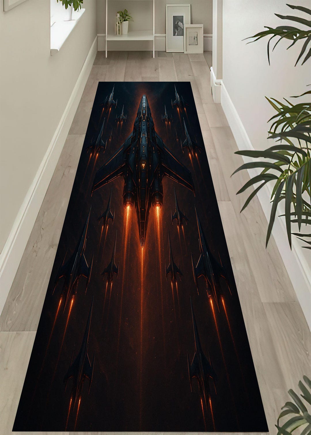 Futuristic Starfleet Rug: Glowing Spaceship Carpet, Dark Sci-fi Design ...
