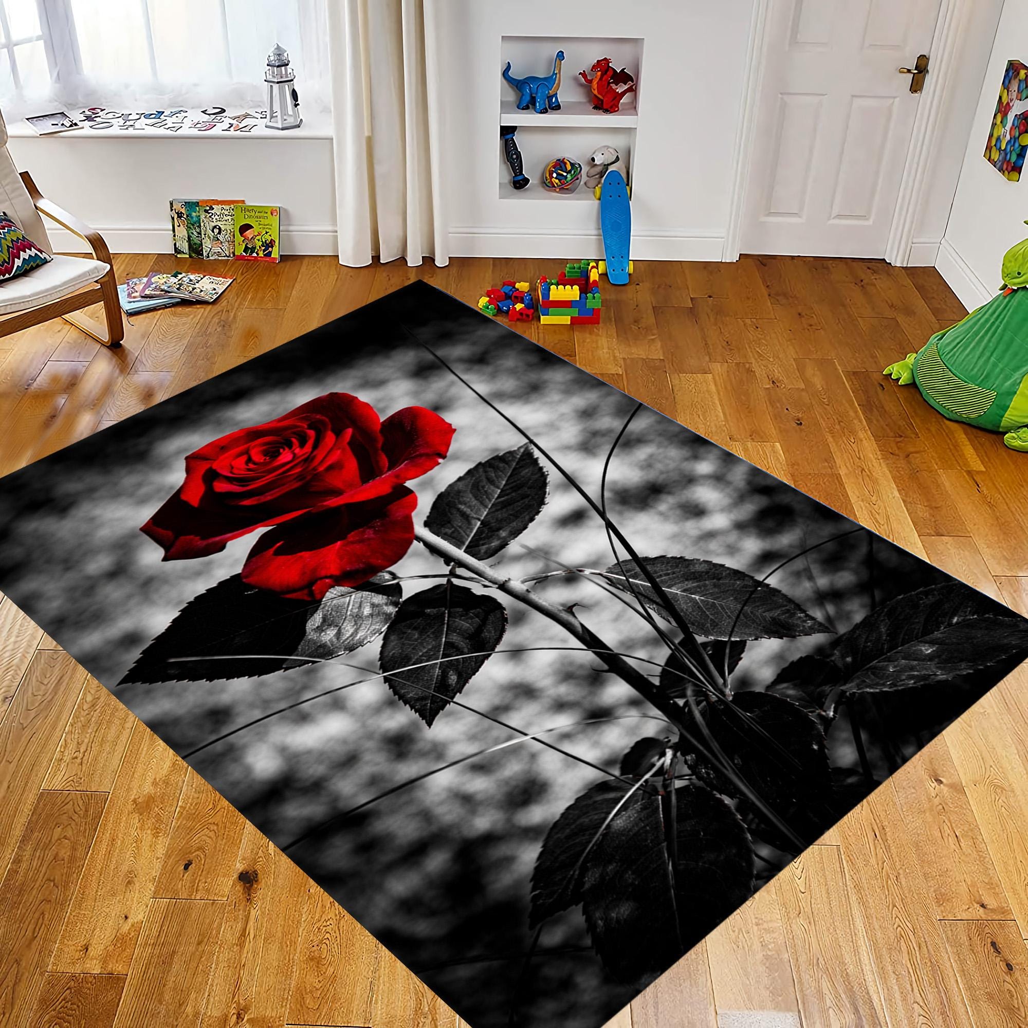 Red Rose Floral Rug: Black White Botanical Bedroom Carpet - Etsy