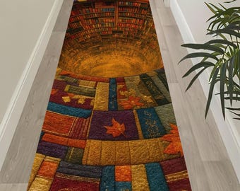 May include: A rectangular hallway rug with a unique design. The rug features a pattern of stacked books in various colors, including red, blue, and gold. The center of the rug has a circular design that resembles a library. The rug is made of a soft material.