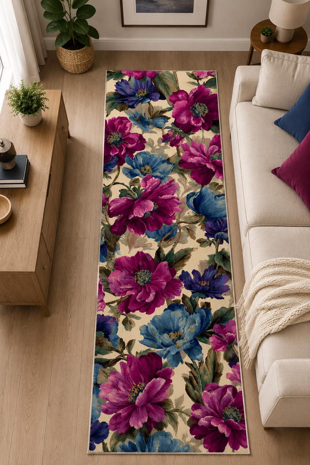 Floral Blue Pink Rug: Botanical Blossom Carpet, Ivory Garden Pattern ...