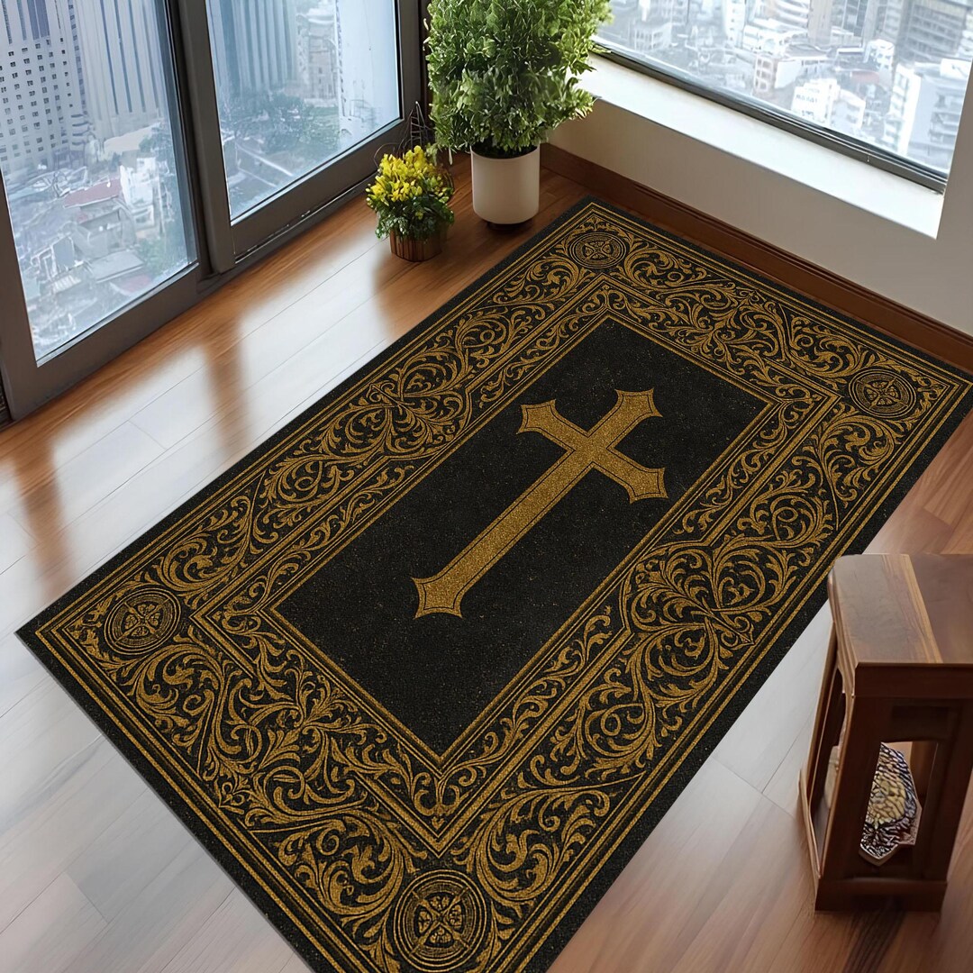 Christian Cross Rug: Black & Gold Religious Prayer Mat - Etsy