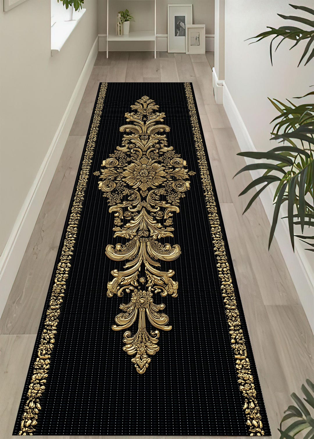 Baroque Gold Runner Rug: Elegant Black Carpet, Luxury Floral Pattern ...