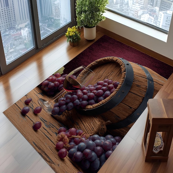Wine Barrel Rug: Red Grapes Wooden Vineyard Carpet, Rustic Burgundy Elegant Kitchen Decor
