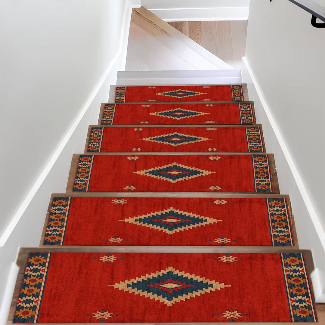 Merida Stair Rug Tribal Stair Tread Rug: Red Aztec Carpet, Southwestern Geometric Design ...