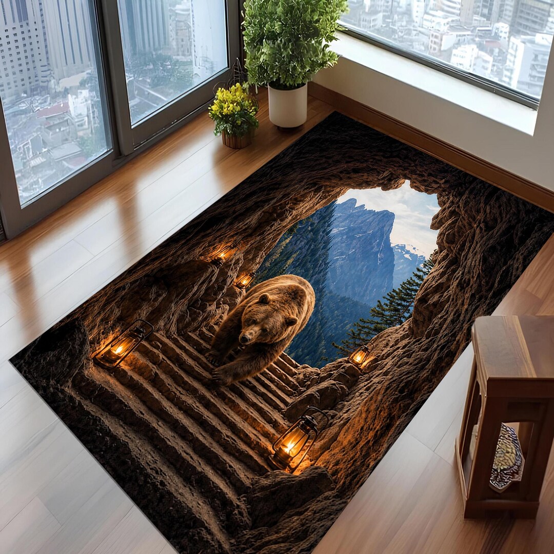 Nature Cave Bear Rug: Brown Mountain Landscape Carpet, 3D Stairs ...