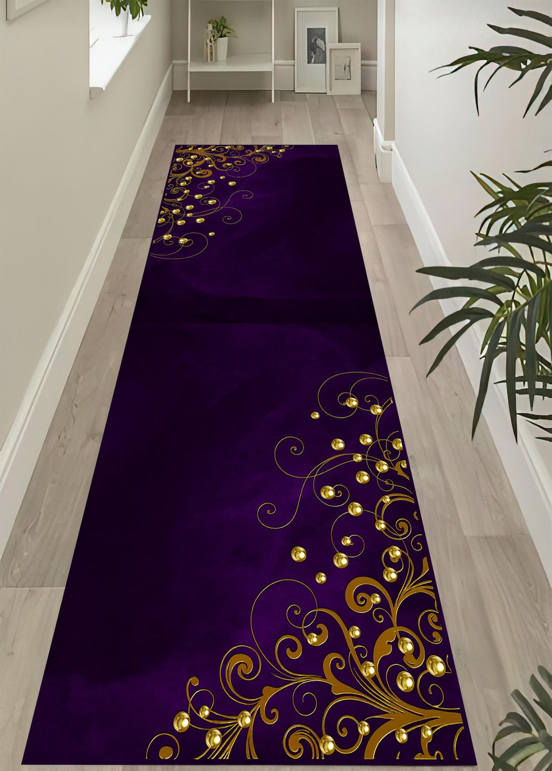 Royal Purple Rug: Gold Swirl Pattern Carpet, Elegant Luxury Design ...
