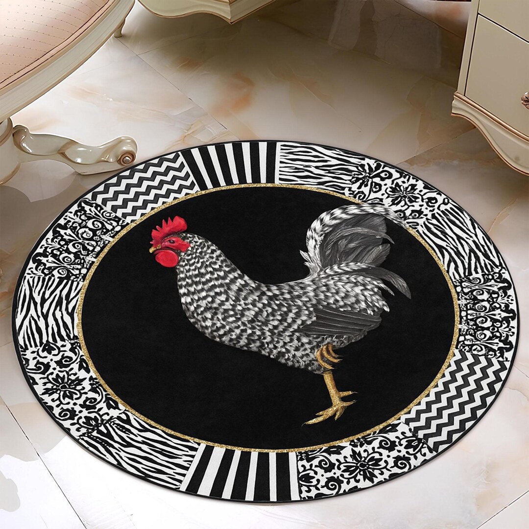 Chiken Rugs Black Chicken Round Rug: Gold Border Carpet, Farmhouse Rooster Design ...