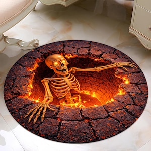 Peut inclure: Un tapis rond représentant un squelette émergeant d'une fosse enflammée. Le tapis a une bordure en pierre fissurée brun foncé avec un intérieur orange et jaune incandescent, créant un thème d'Halloween ou d'horreur.