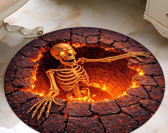 Alfombra redonda con calavera infernal: ilusión de esqueleto en llamas, decoración gótica 3D de piedra volcánica para dormitorio.