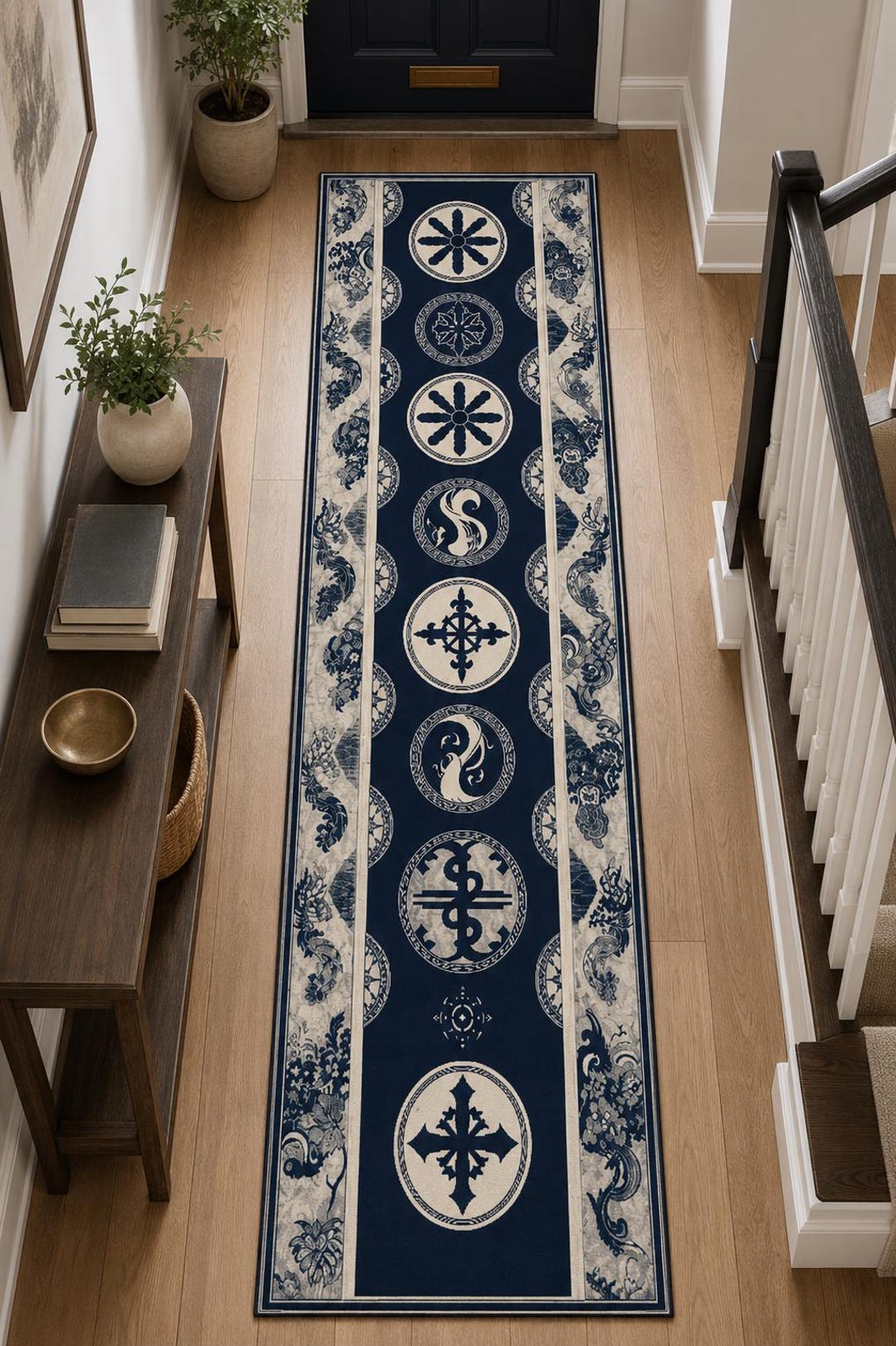 Gothic Blue Runner Rug: Medieval Symbol Carpet, Ivory Ornamental ...