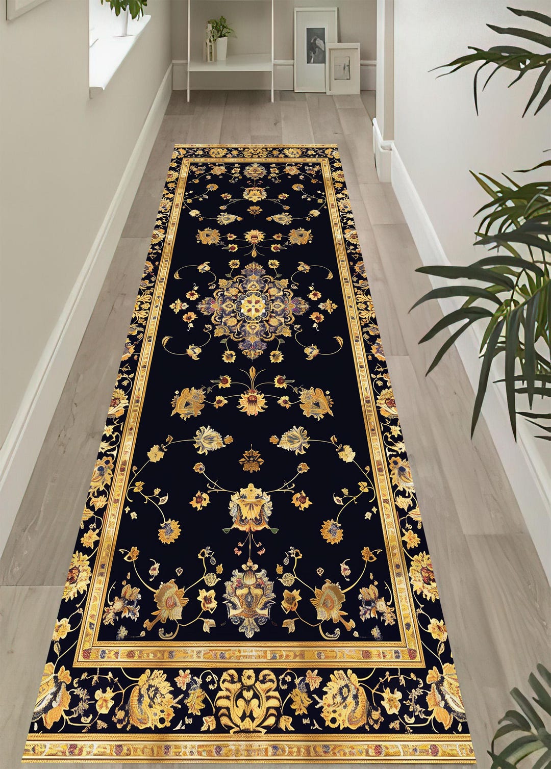Black and Gold Runner Rug,classic Floral Carpet, Elegant Hallway Floor ...
