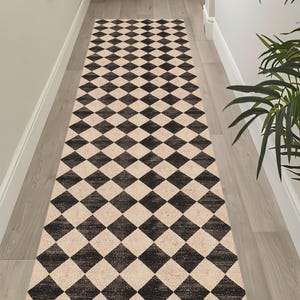 Diamond Checkered Runner Rug: Geometric Hallway Carpet, Black Beige Pattern, Modern Minimalist Kitchen Decor