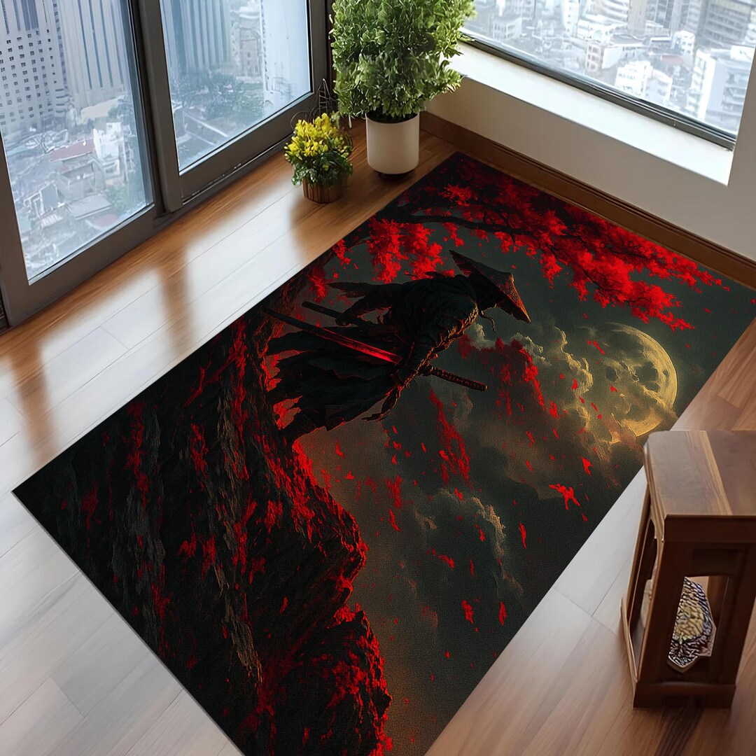 Samurai Rug: Red Moonlight, Japanese Warrior Art - Etsy