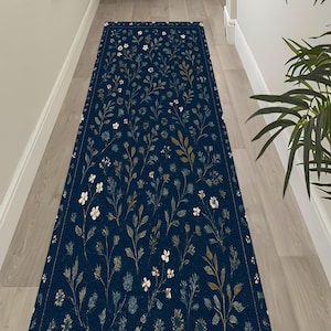 Runner White Flowers Blue Floral Rug, Blue White Washable Rug, Blue Area Rug, Non Slip Rug, Blue Design Rug, Blue Patterned Rug,Kitchen  Rug