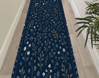 Blue Floral Runner Rug: White Flowers, Non-Slip Washable Rug