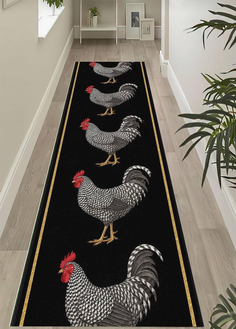 Hen Rug Golden Chicken Rug: Black Farmhouse Runner Carpet, Walking Hen Pattern ...
