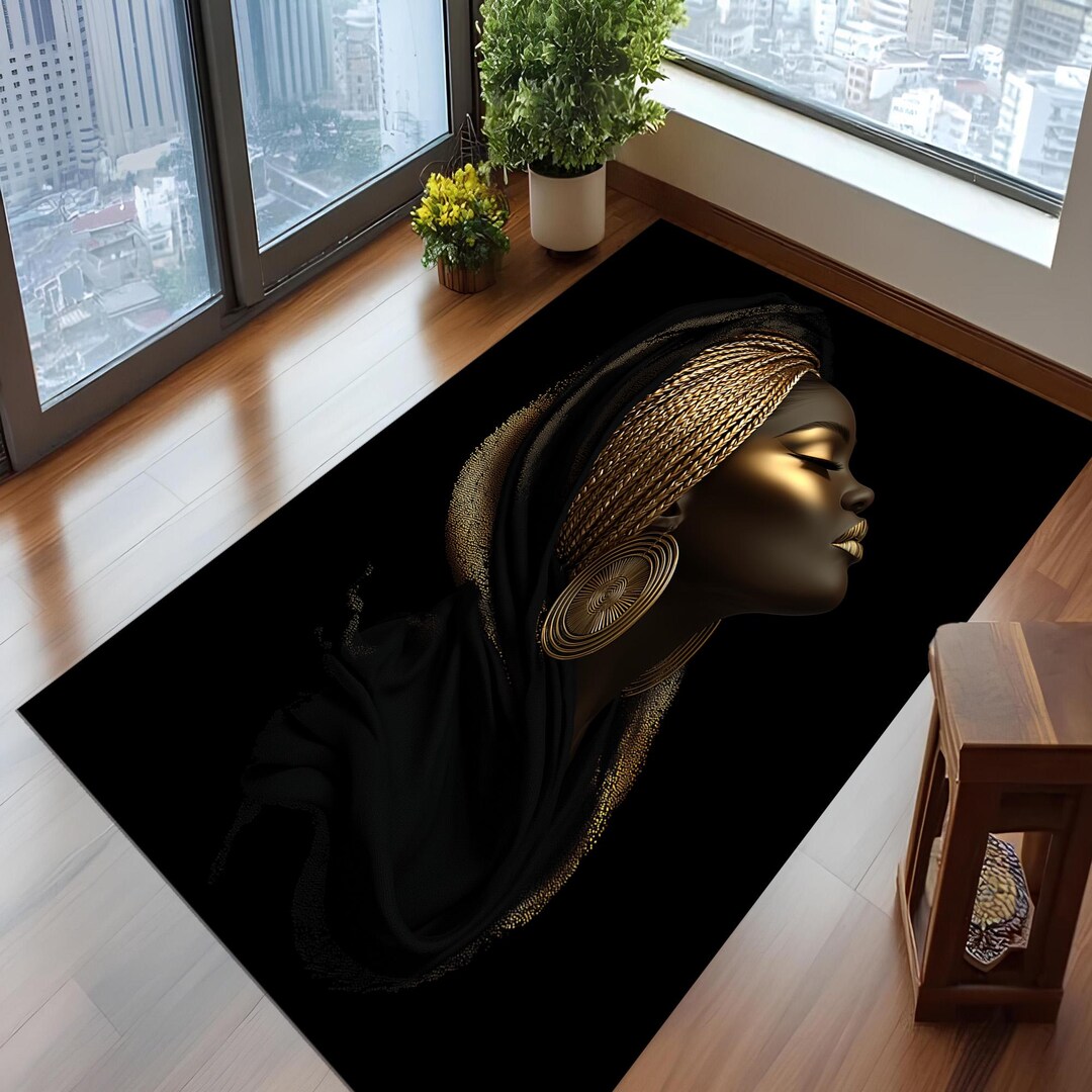 African Queen Rug: Black Gold Tribal Woman Portrait Carpet, Elegant ...
